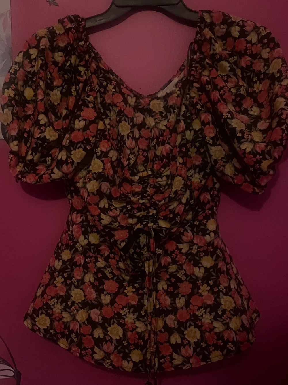 Meraki Black Floral Puff-Sleeve Peplum Top with Tie